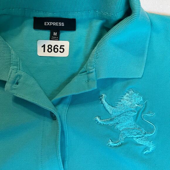 Express Women Polo Shirt Size M Teal Blue Short Sleeve Stretch Embroidered Lion - Picture 5 of 7